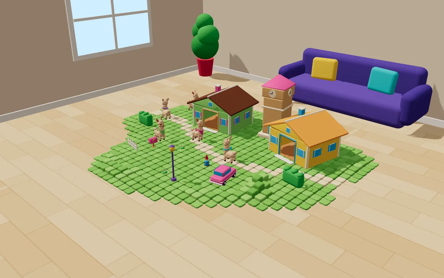 A world of tiny houses and llamas grown across a living-room floor