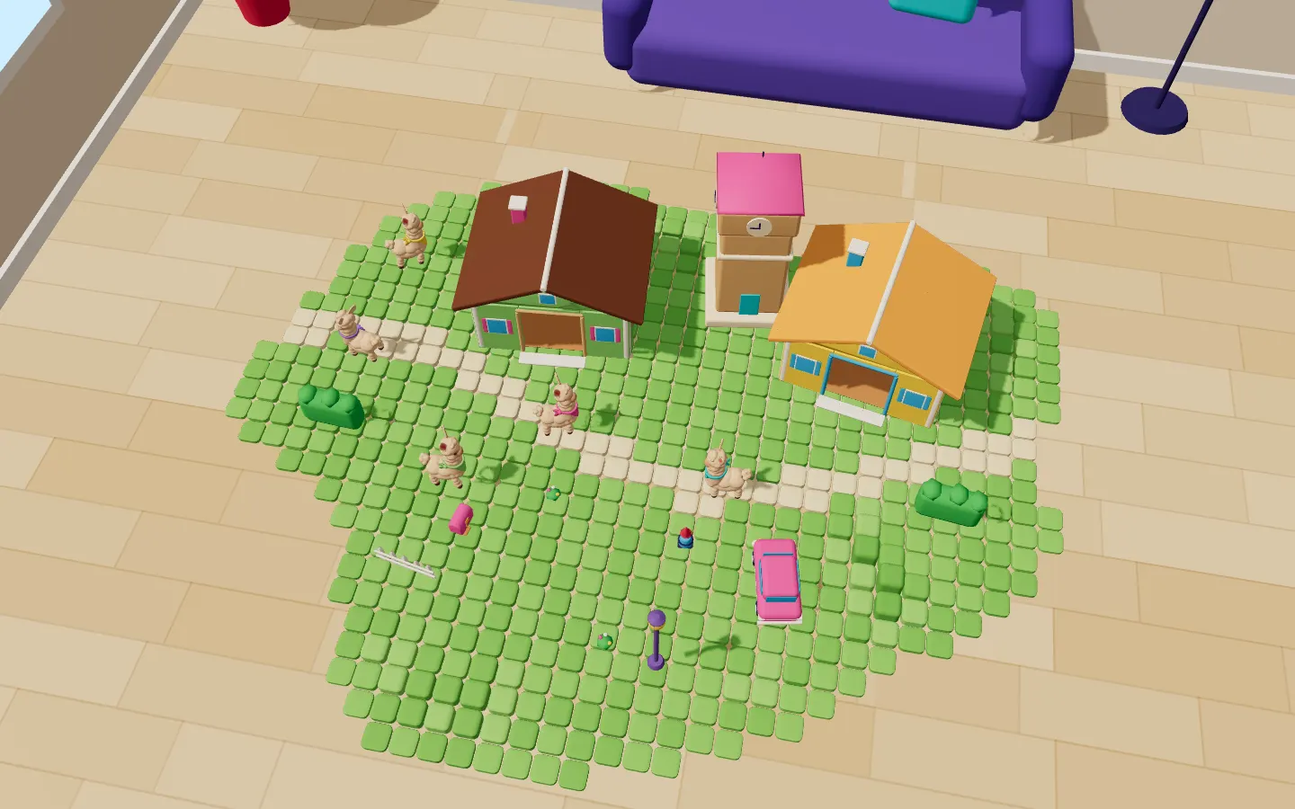The living room from above, with the world spread across the floor